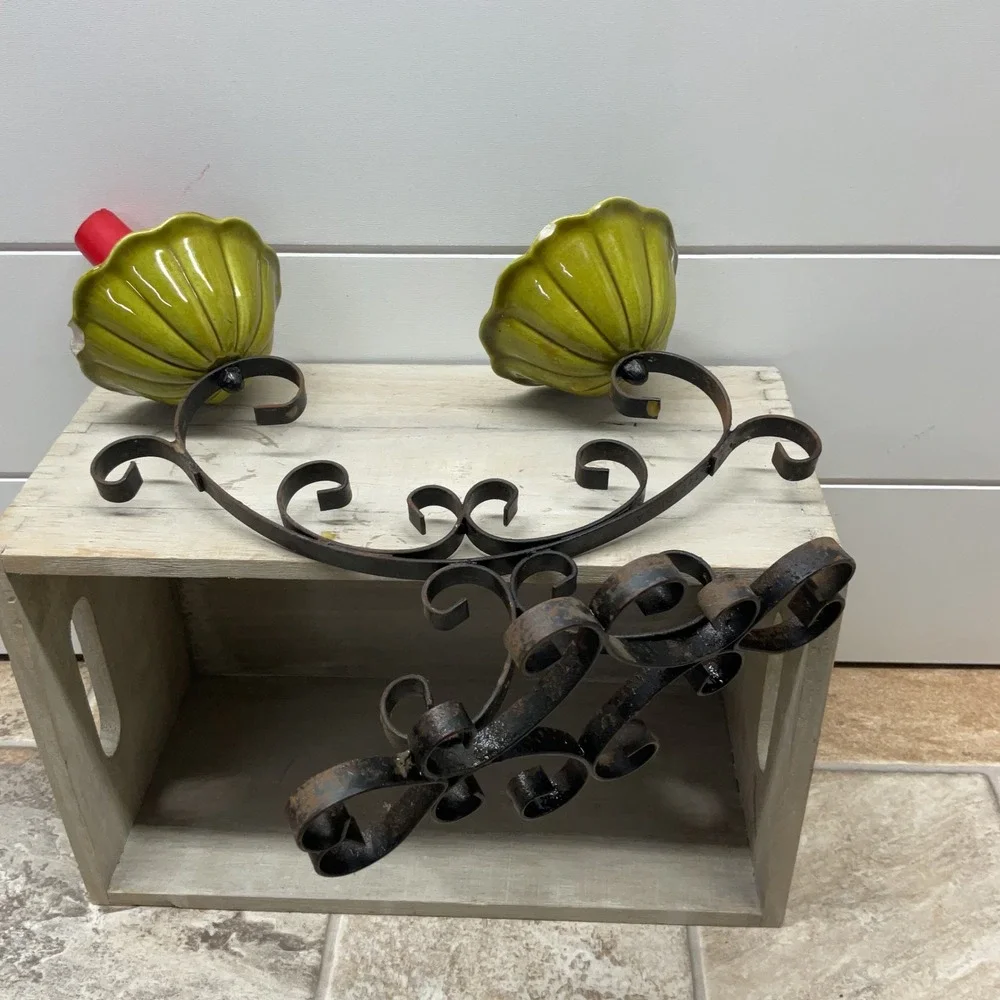 Vintage Wrought Iron Scroll Candelabra Chartreuse Green Ceramic Flower Basins